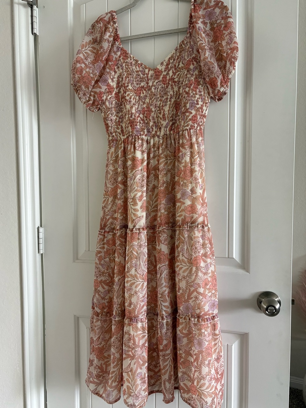 Sincerely Jules Floral Smocked Midi Dress in Cream and Peach